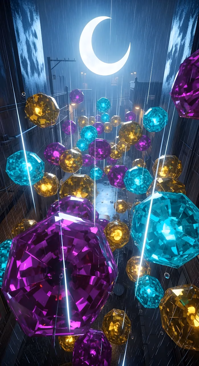Neon Gemstones Falling in Rainy Urban Alley Night - Free Mobile AMOLED Wallpaper Background