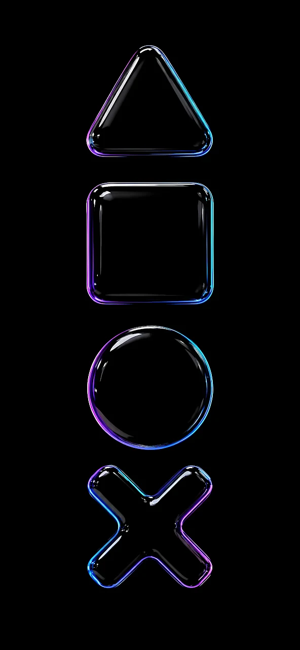 Download Neon Glass Game Symbols 4K Wallpaper in Mobile HD Transparent glass triangle, square, circle, and cross icons with neon edge glow on black.