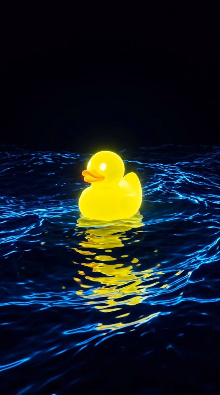 Neon Glowing Rubber Duck in Dark Blue Digital Water - Free Mobile AMOLED Wallpaper Background