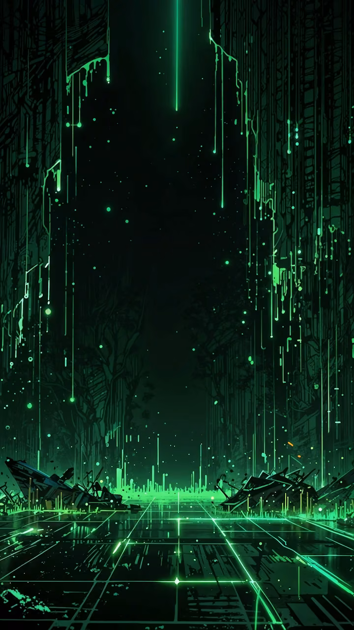 Neon Green Digital Rain in Cyberpunk Alley - Free Mobile AMOLED Wallpaper Background