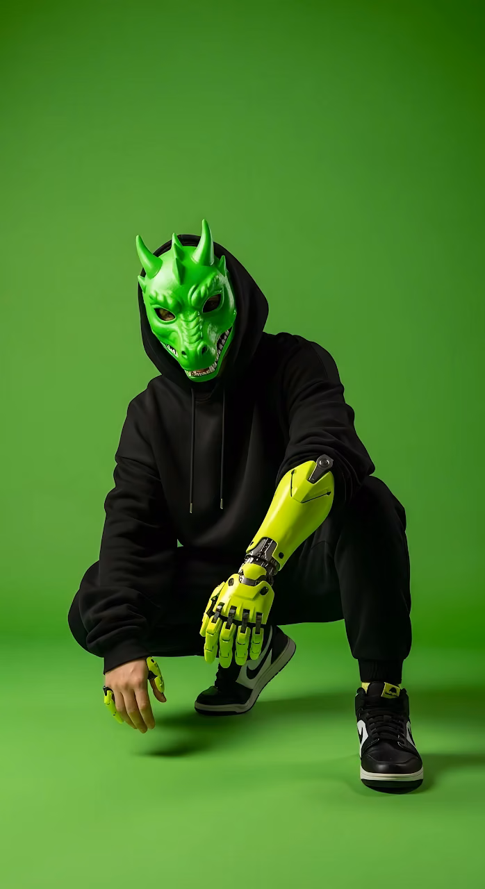 Download Neon Green Dragon Mask Cybernetic Arm Black Hoodie Wallpaper in Mobile HD Neon Green Dragon Mask Cybernetic Arm Black Hoodie - Free Mobile AMOLED Wallpaper Background