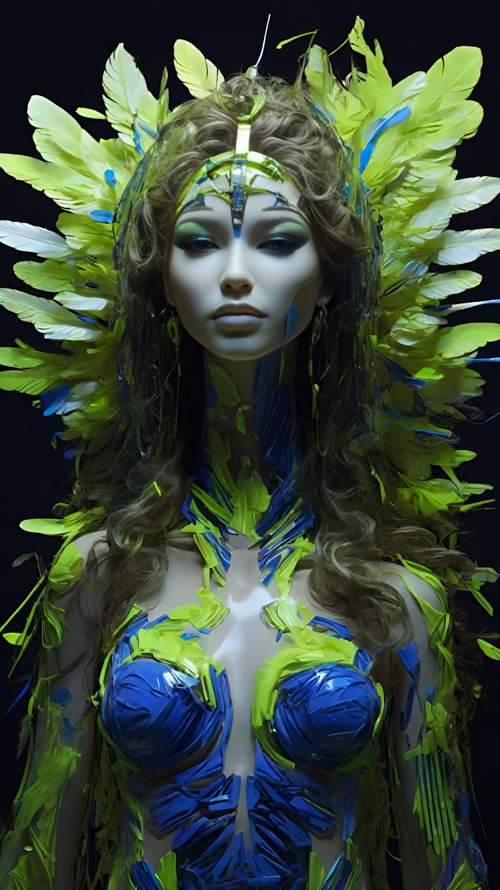 Neon Green Feathered Goddess Warrior Portrait Art - Free Mobile AMOLED Wallpaper Background