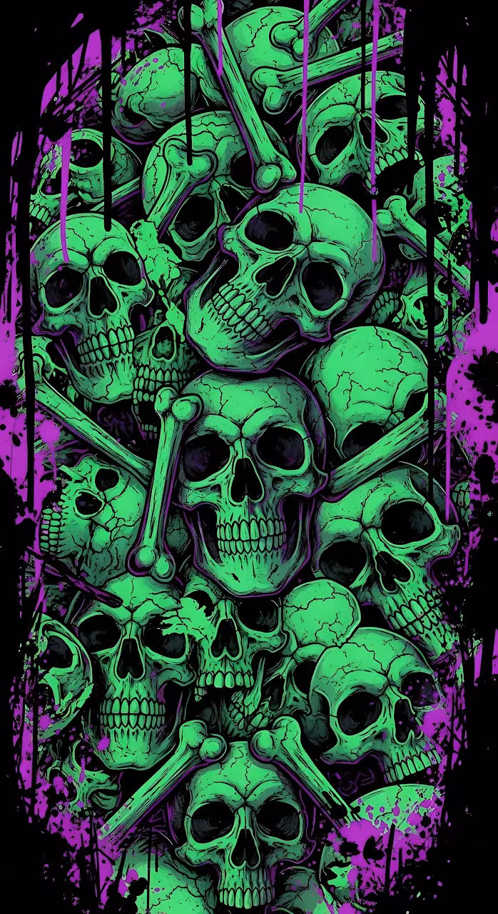 Neon Green Skull Pile and Bones Grunge Illustration Art - Free Mobile AMOLED Wallpaper Background