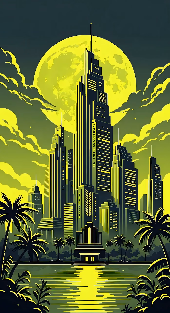 Neon Green Tropical Cityscape under a Giant Moon - Free Mobile AMOLED Wallpaper Background