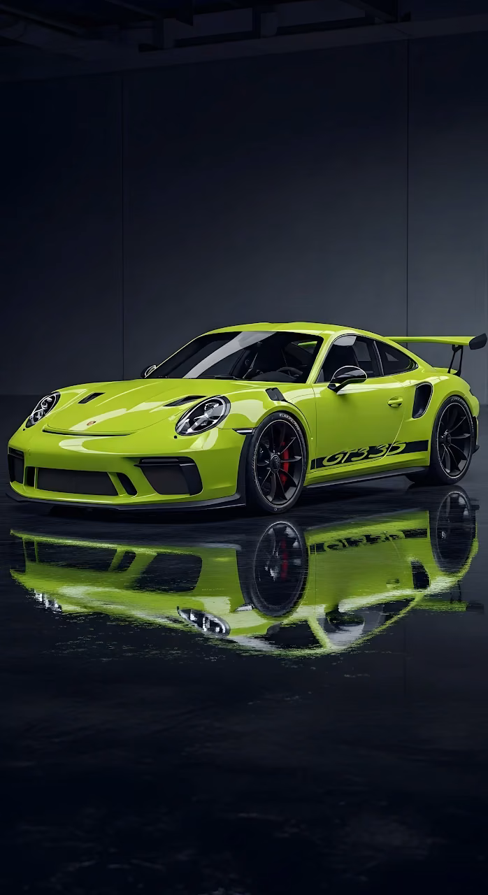 Neon Lime Porsche 911 GT3 RS in Dark Studio Reflection - Free Mobile AMOLED Wallpaper Background