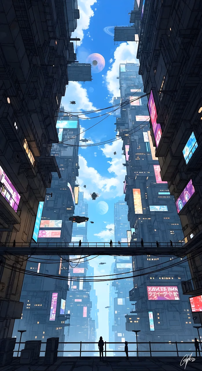 Neon Lined Vertical Cityscape with Sky Bridges and Hovercraft - Free Mobile AMOLED Wallpaper Background