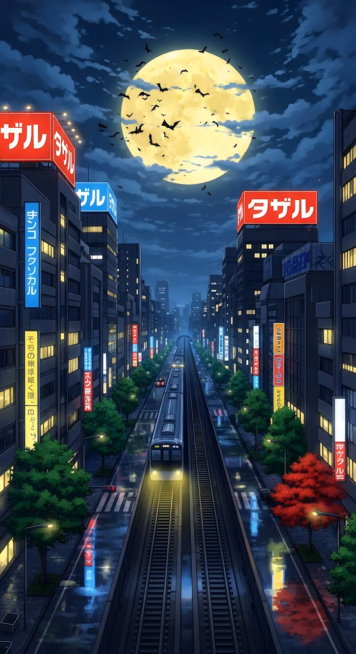 Download Neon Lit Anime Cityscape with Train Under Giant Full Moon Wallpaper in Mobile HD Neon Lit Anime Cityscape with Train Under Giant Full Moon - Free Mobile AMOLED Wallpaper Background