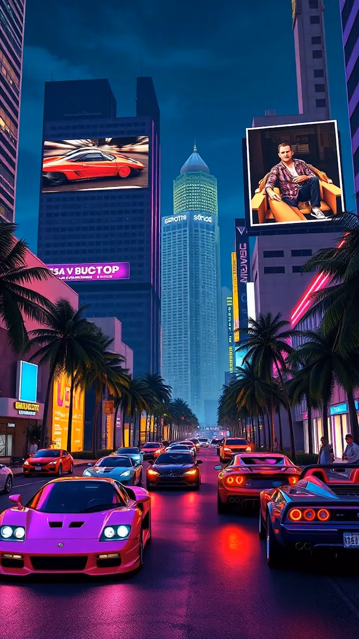 Neon-lit city street with luxury cars and palm trees at dusk - Free Mobile AMOLED Wallpaper Background