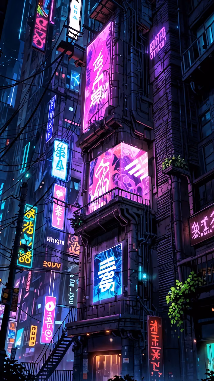 Neon-Lit Cyberpunk Alley with Glowing Signs - Free Mobile AMOLED Wallpaper Background