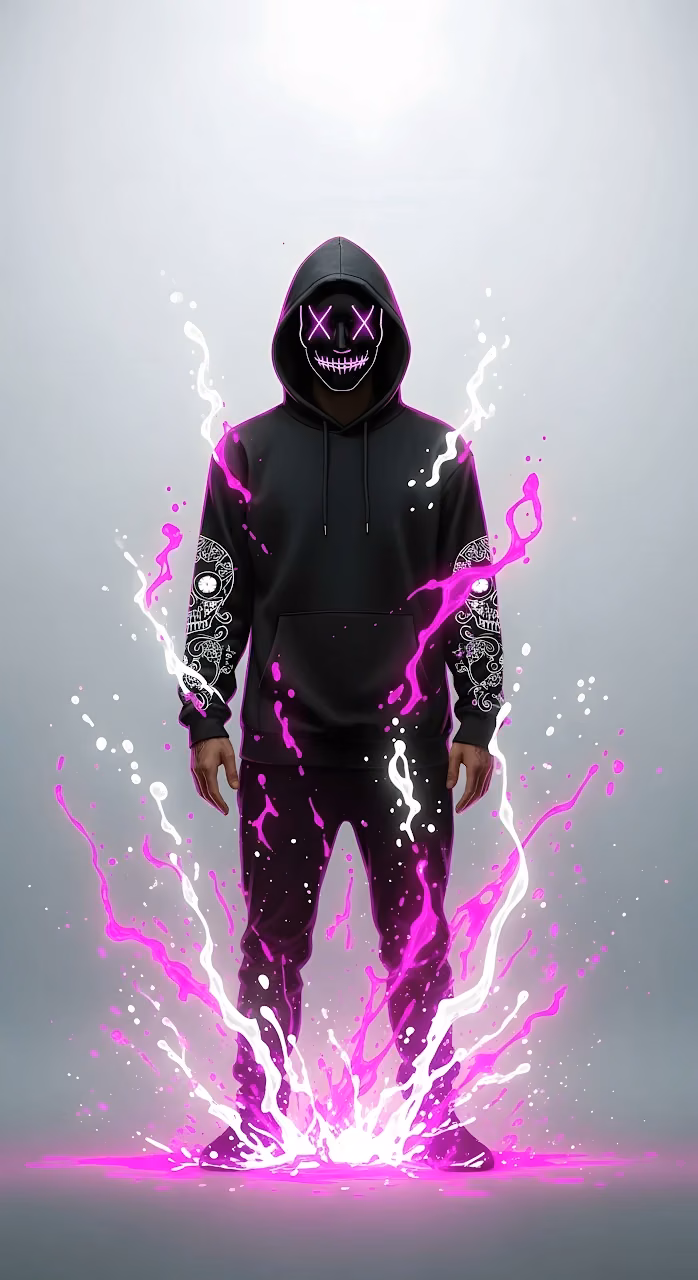 Download Neon Masked Figure with Pink Splatter Effect Art Wallpaper in Mobile HD Neon Masked Figure with Pink Splatter Effect Art - Free Mobile AMOLED Wallpaper Background