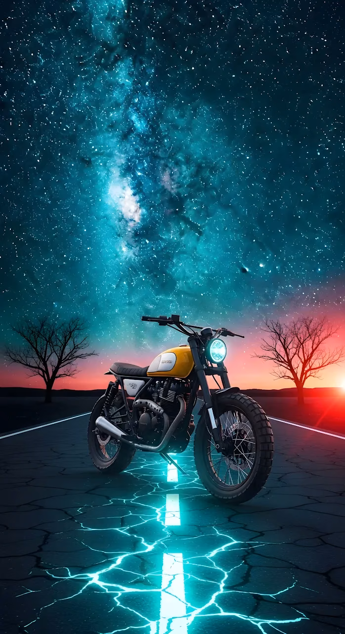 Download Neon Motorcycle Ride Under a Cosmic Sunset Sky Wallpaper in Mobile HD Neon Motorcycle Ride Under a Cosmic Sunset Sky - Free Mobile AMOLED Wallpaper Background