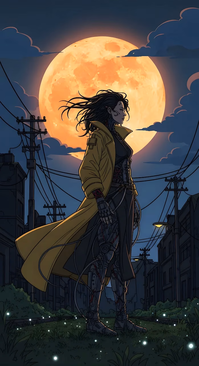 Neon Noir Cyberpunk Vigilante Under Massive Orange Lunar Glow - Free Mobile AMOLED Wallpaper Background