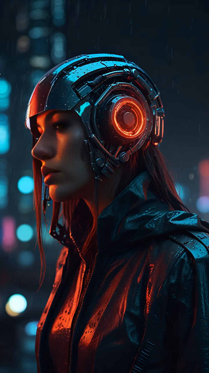 Neon Noir Cyberpunk Woman Glowing Headset Rain - Free Mobile AMOLED Wallpaper Background