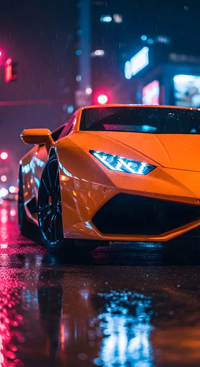 Neon Orange Sports Car on Wet City Street at Night - Free Mobile AMOLED Wallpaper Background