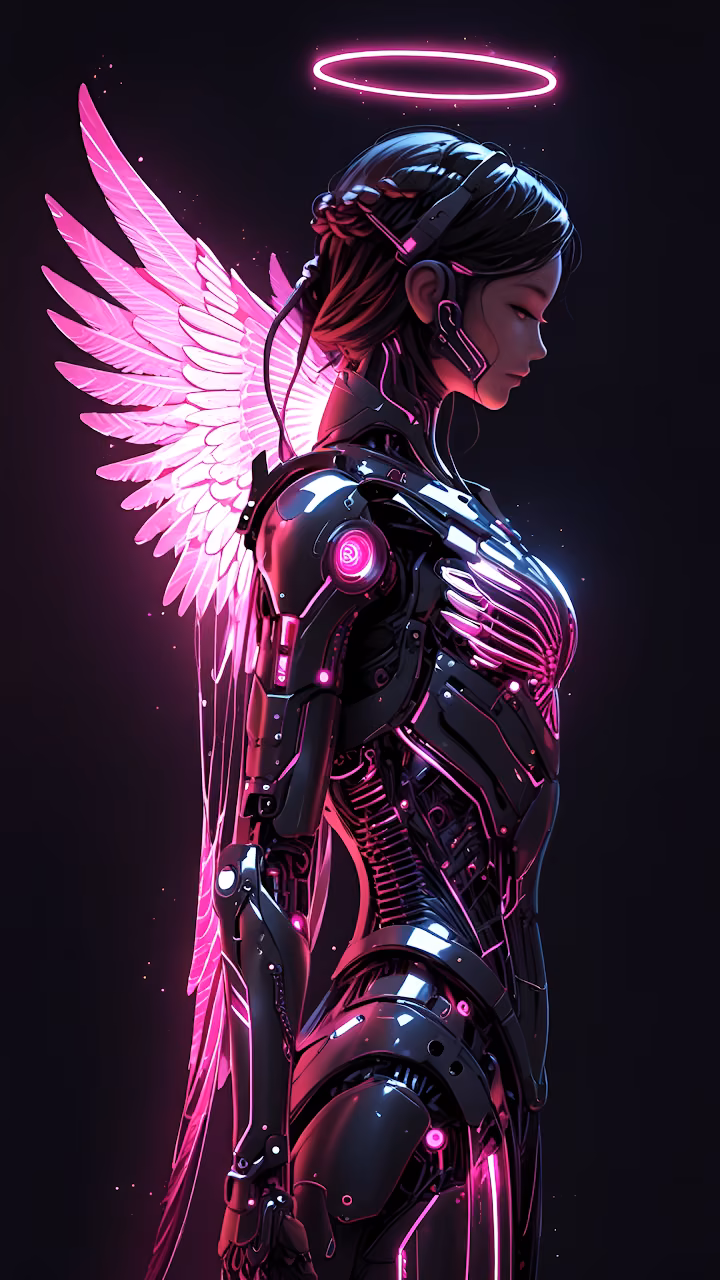 Neon Pink Cybernetic Angel Portrait Dark Futuristic Art - Free Mobile AMOLED Wallpaper Background