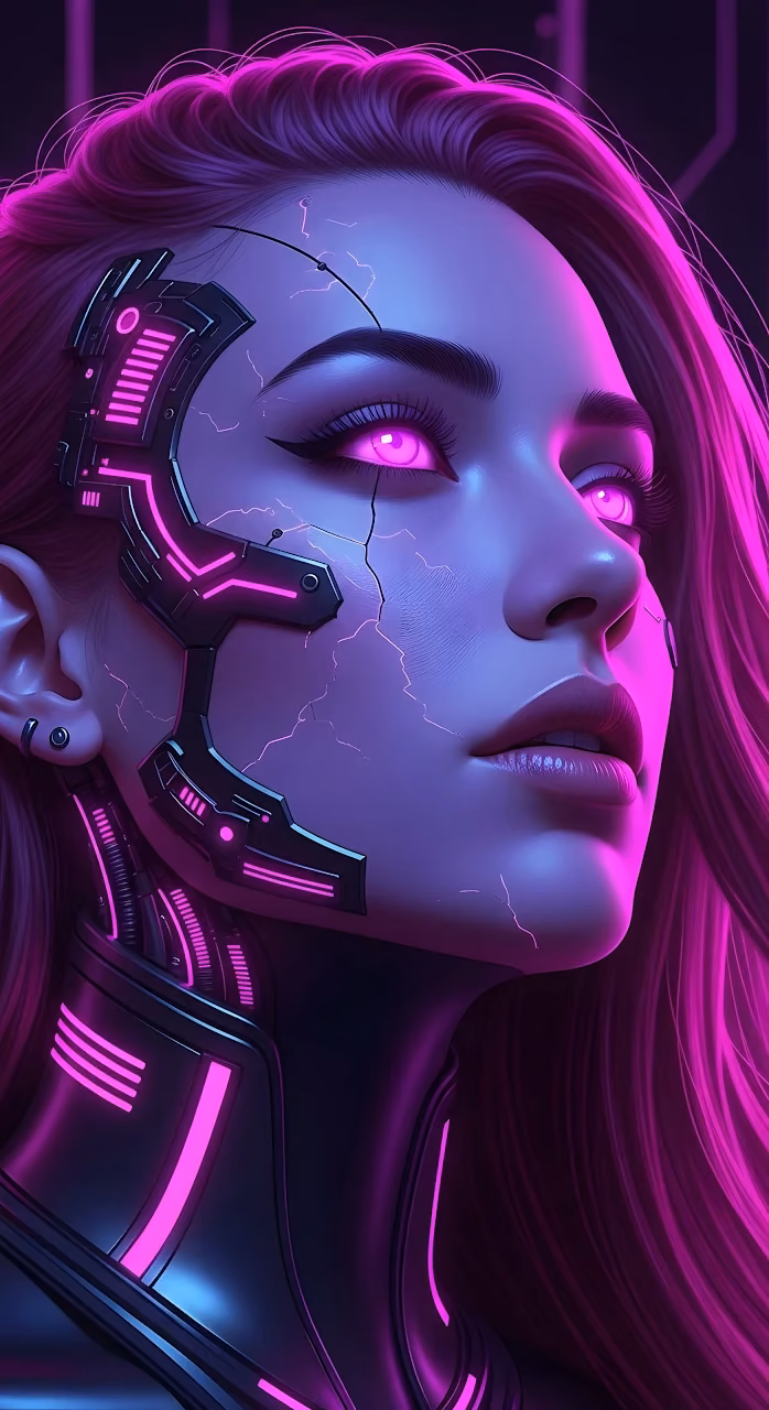 Neon Pink Cybernetic Woman Portrait with Glowing Eyes - Free Mobile AMOLED Wallpaper Background