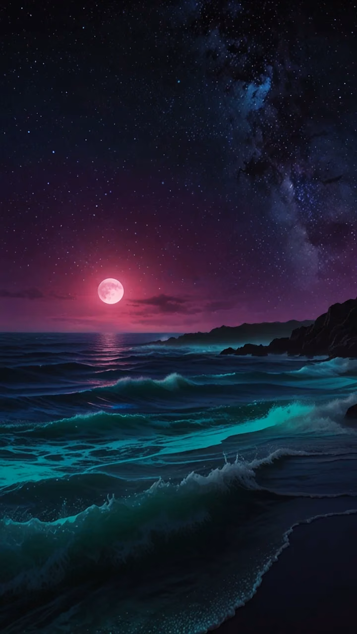 Neon Pink Moon Rising Over Bioluminescent Teal Ocean Waves - Free Mobile AMOLED Wallpaper Background