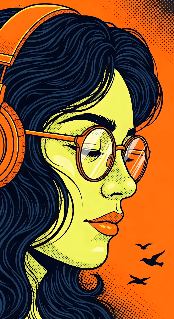 Neon Pop Art Woman Listening Music with Headphones - Free Mobile AMOLED Wallpaper Background
