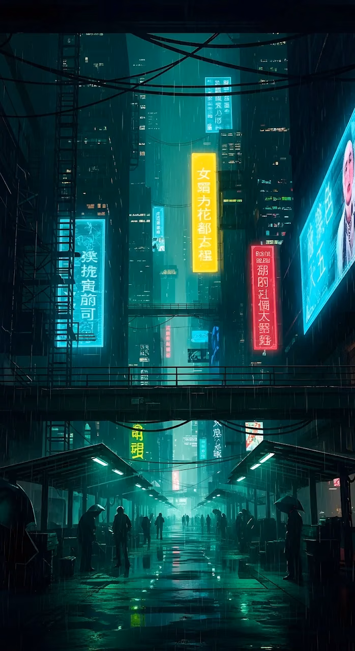 Neon Rain in a Cyberpunk Asian City Street - Free Mobile AMOLED Wallpaper Background