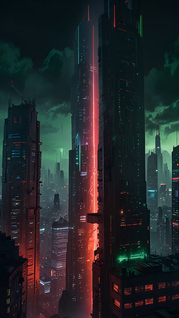 Download Neon Red Split Skyscraper in Dark Cyberpunk Metropolis Wallpaper in Mobile HD Neon Red Split Skyscraper in Dark Cyberpunk Metropolis - Free Mobile AMOLED Wallpaper Background