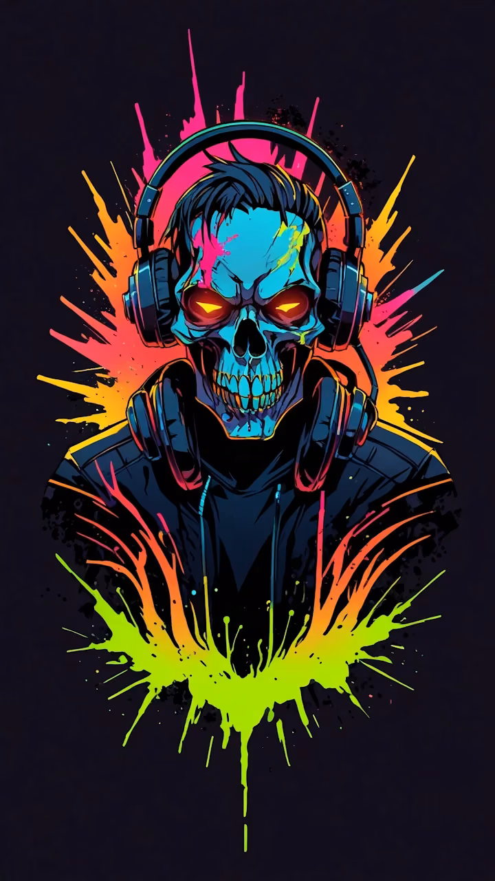 Download Neon Skull DJ with Headphones and Fluorescent Paint Splatter Wallpaper in Mobile HD Neon Skull DJ with Headphones and Fluorescent Paint Splatter - Free Mobile AMOLED Wallpaper Background