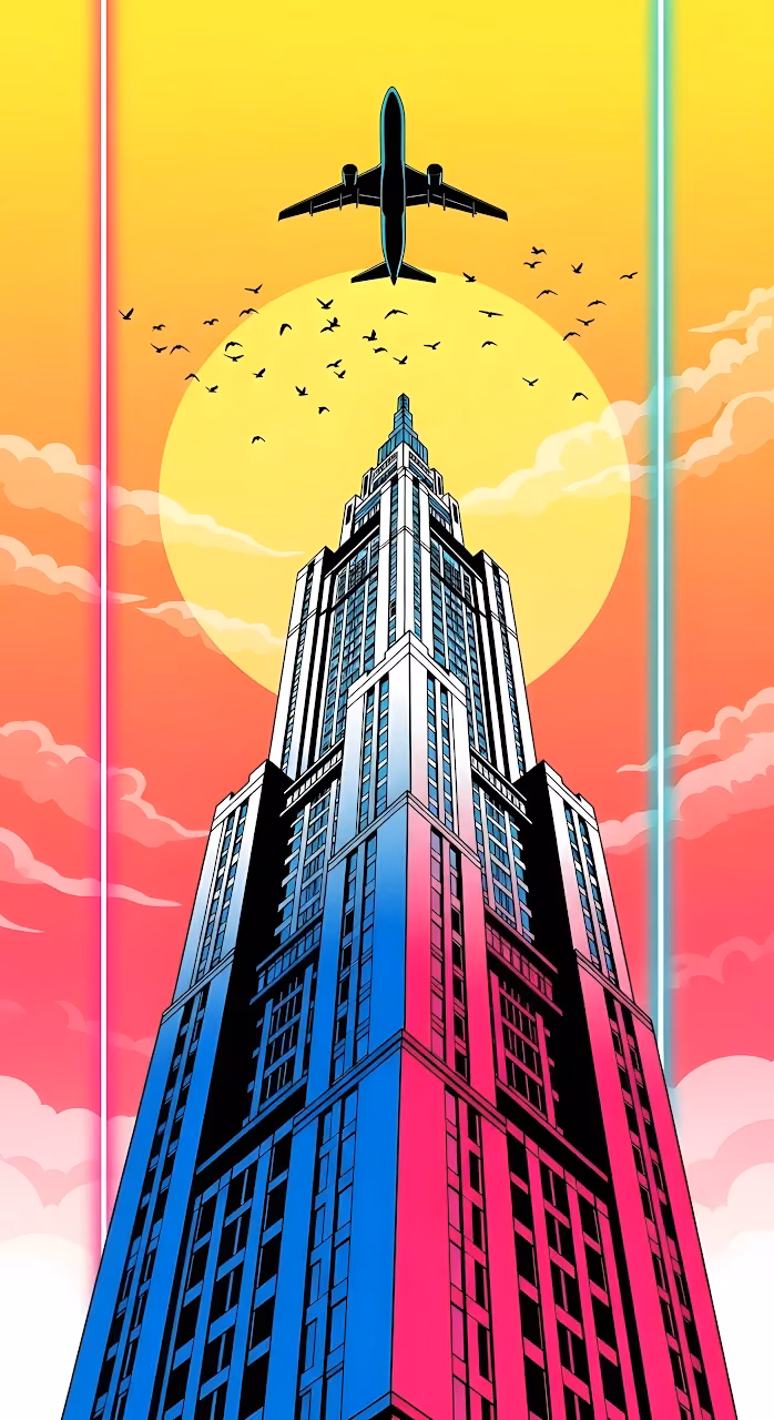 Neon Skyscraper Sunset in Synthwave Cityscape Illustration - Free Mobile AMOLED Wallpaper Background