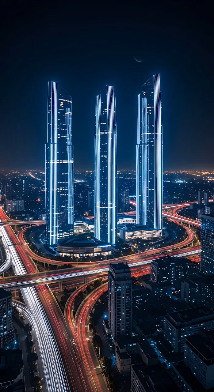 Download Neon Skyscrapers Above Night City Highway Light Trails Wallpaper in Mobile HD Neon Skyscrapers Above Night City Highway Light Trails - Free Mobile AMOLED Wallpaper Background