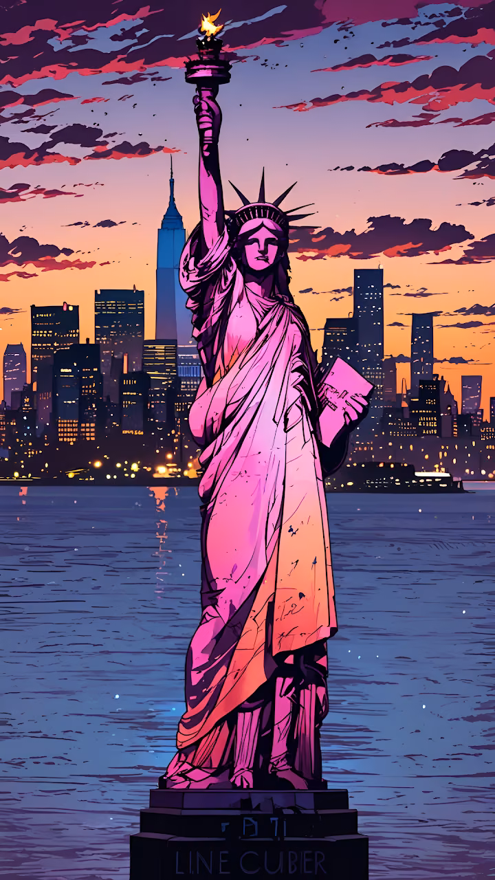 Neon Statue of Liberty Against NYC Skyline Sunset Comic Art - Free Mobile AMOLED Wallpaper Background