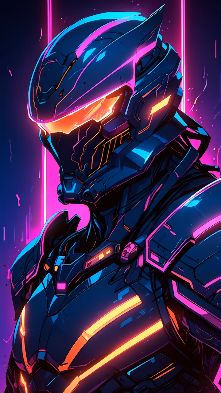 Neon Synthwave Mecha Warrior Armor Profile Art - Free Mobile AMOLED Wallpaper Background