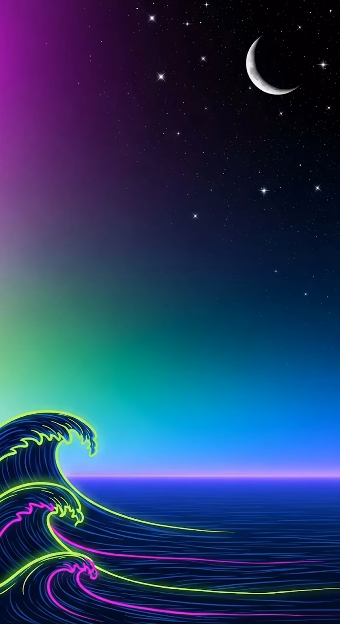 Neon Synthwave Ocean Wave Under Starry Gradient Sky - Free Mobile AMOLED Wallpaper Background