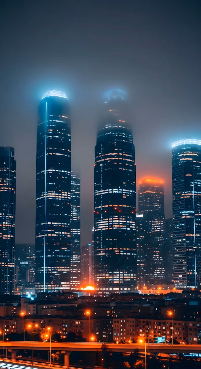 Neon Towers Cityscape in Foggy Night - Free Mobile AMOLED Wallpaper Background