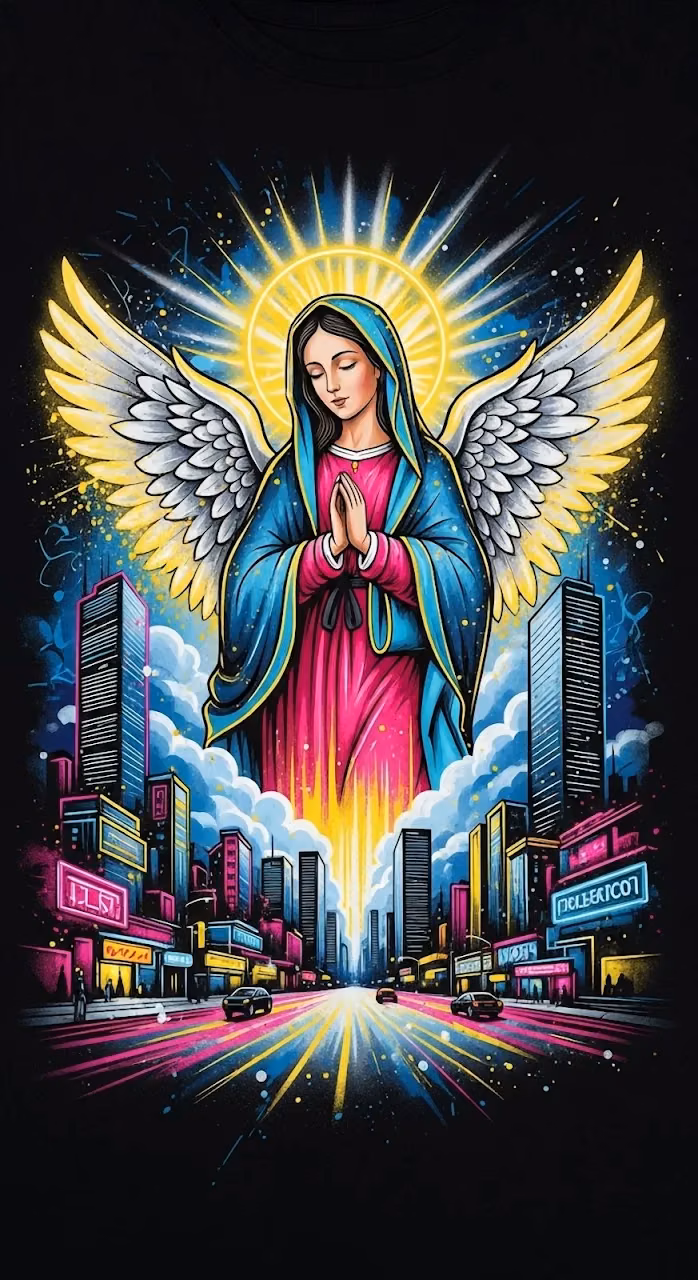 Neon Virgin Mary Angel Floating Over Cyberpunk Cityscape - Free Mobile AMOLED Wallpaper Background