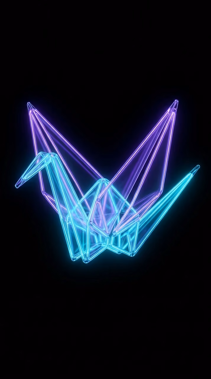 Neon Wireframe Origami Crane in Dark Digital Space - Free Mobile AMOLED Wallpaper Background