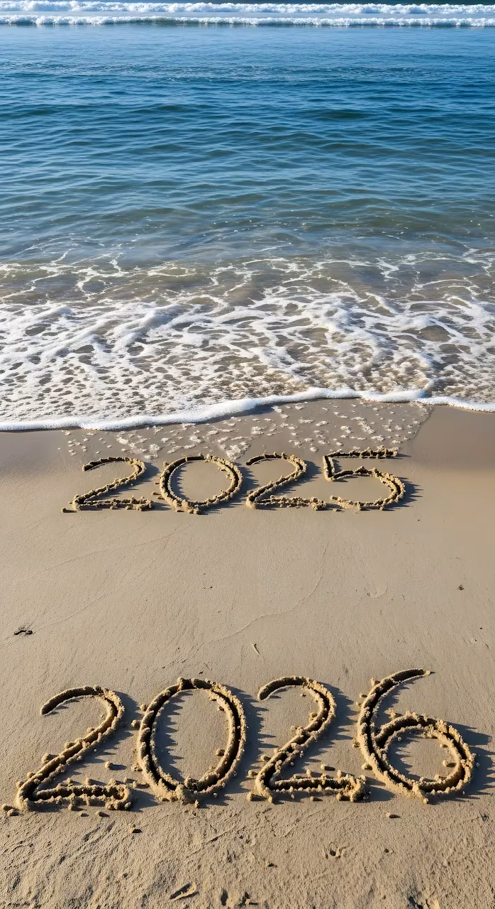 New Year 2026 Written Sand Beach Ocean Waves - Free Mobile AMOLED Wallpaper Background