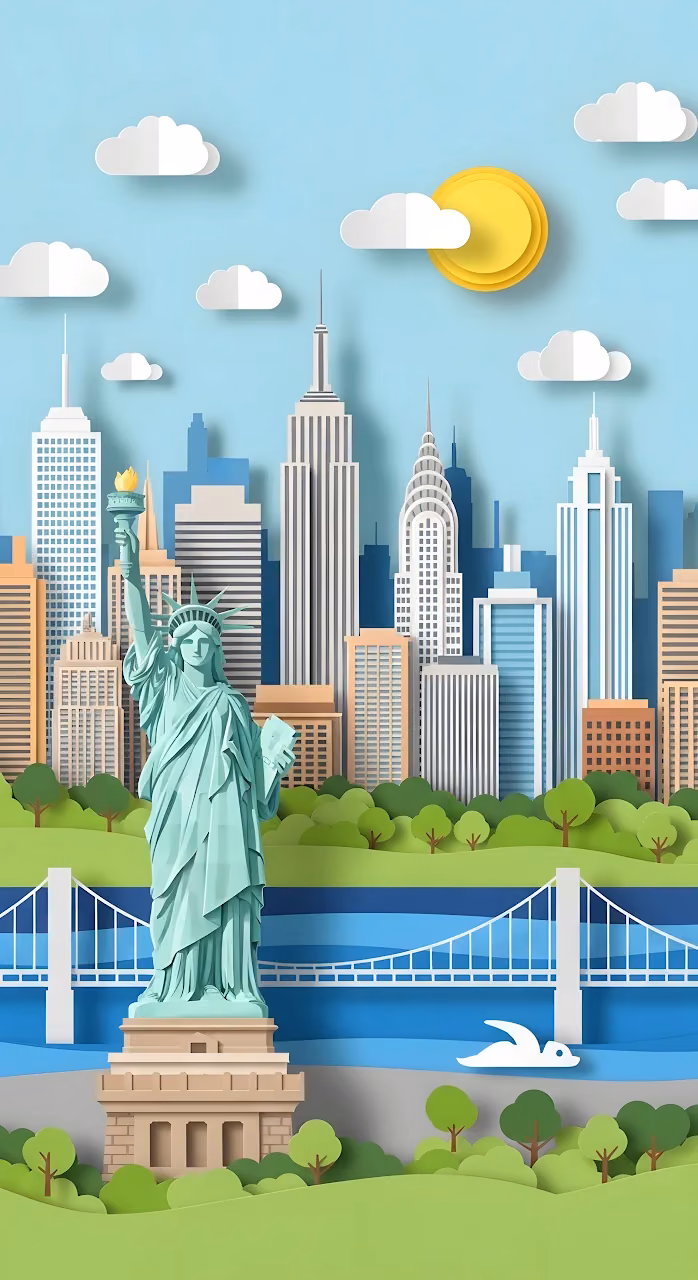 New York City Paper Cut Art, Statue of Liberty Skyline - Free Mobile AMOLED Wallpaper Background