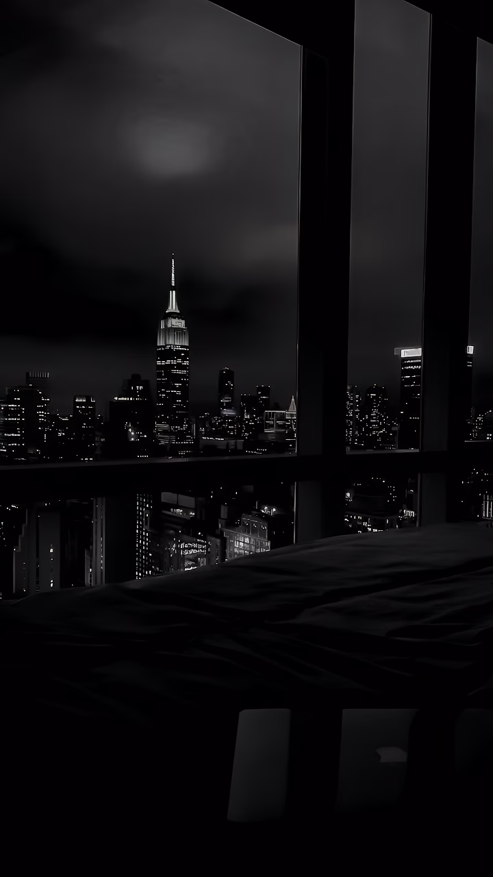 New York City Skyline Night View Monochrome Window Frame - Free Mobile AMOLED Wallpaper Background