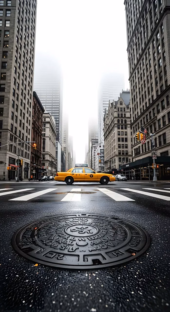 Download New York City Yellow Taxi on Foggy Downtown Street Wallpaper in Mobile HD New York City Yellow Taxi on Foggy Downtown Street - Free Mobile AMOLED Wallpaper Background