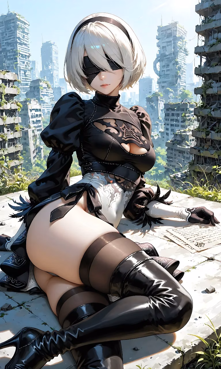 Download NieR Automata 2B City Ruins HD Wallpaper in Mobile HD 2B from NieR Automata in a black dress and blindfold reclining against a ruined city backdrop.