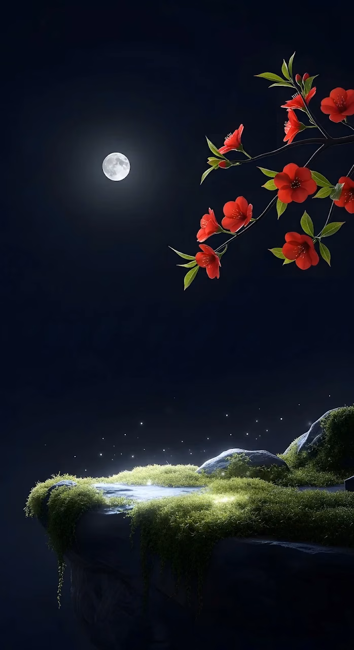Night Bloom: Red Flowers and Full Moon over Mossy Cliff - Free Mobile AMOLED Wallpaper Background