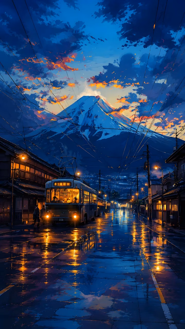 Download Night Bus Beneath a Snowy Mountain Wallpaper in Mobile HD Warmly lit bus travels through a rainy traditional town beneath a huge snow-covered mountain and blue sunset clouds.