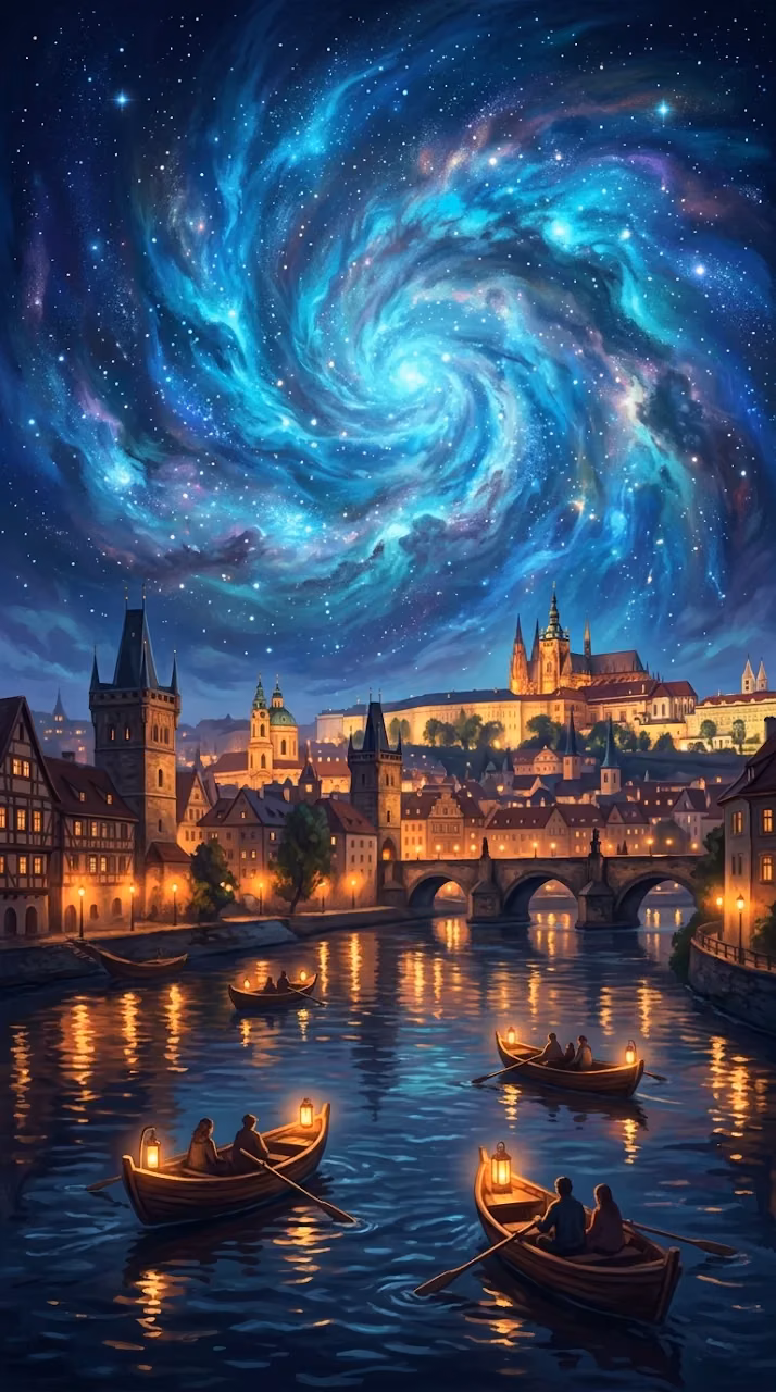 Night City by the River with a Swirling Blue Nebula Sky - Free Mobile AMOLED Wallpaper Background