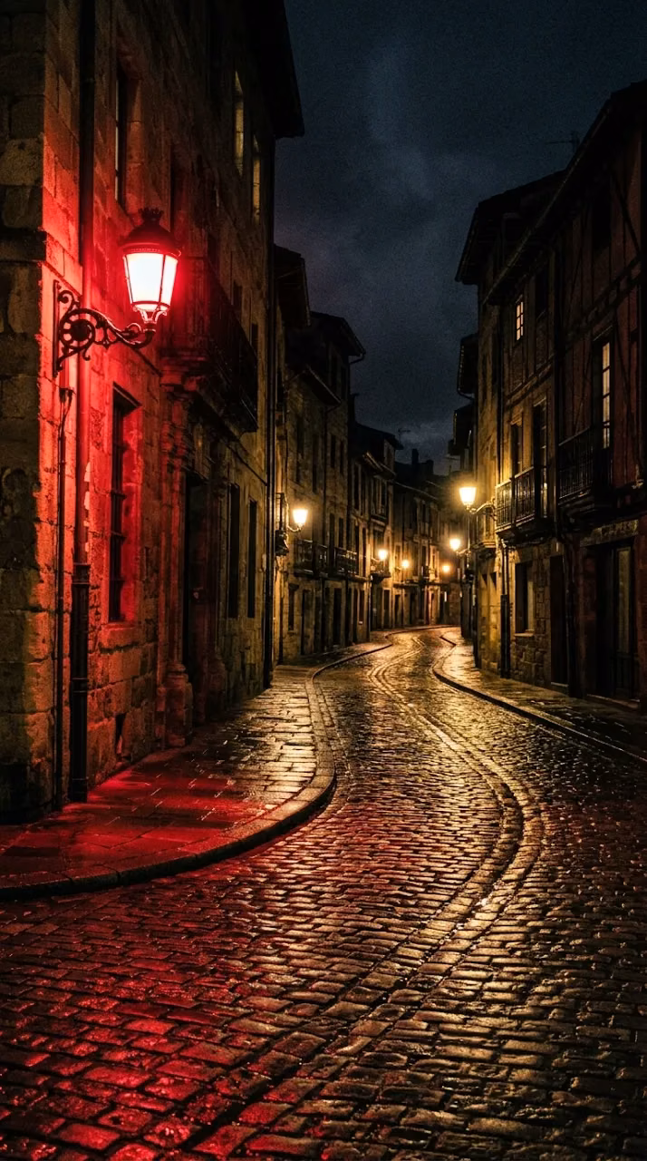 Night Urban Scene with Cobblestone Street and Dramatic Red Lamp - Free Mobile AMOLED Wallpaper Background