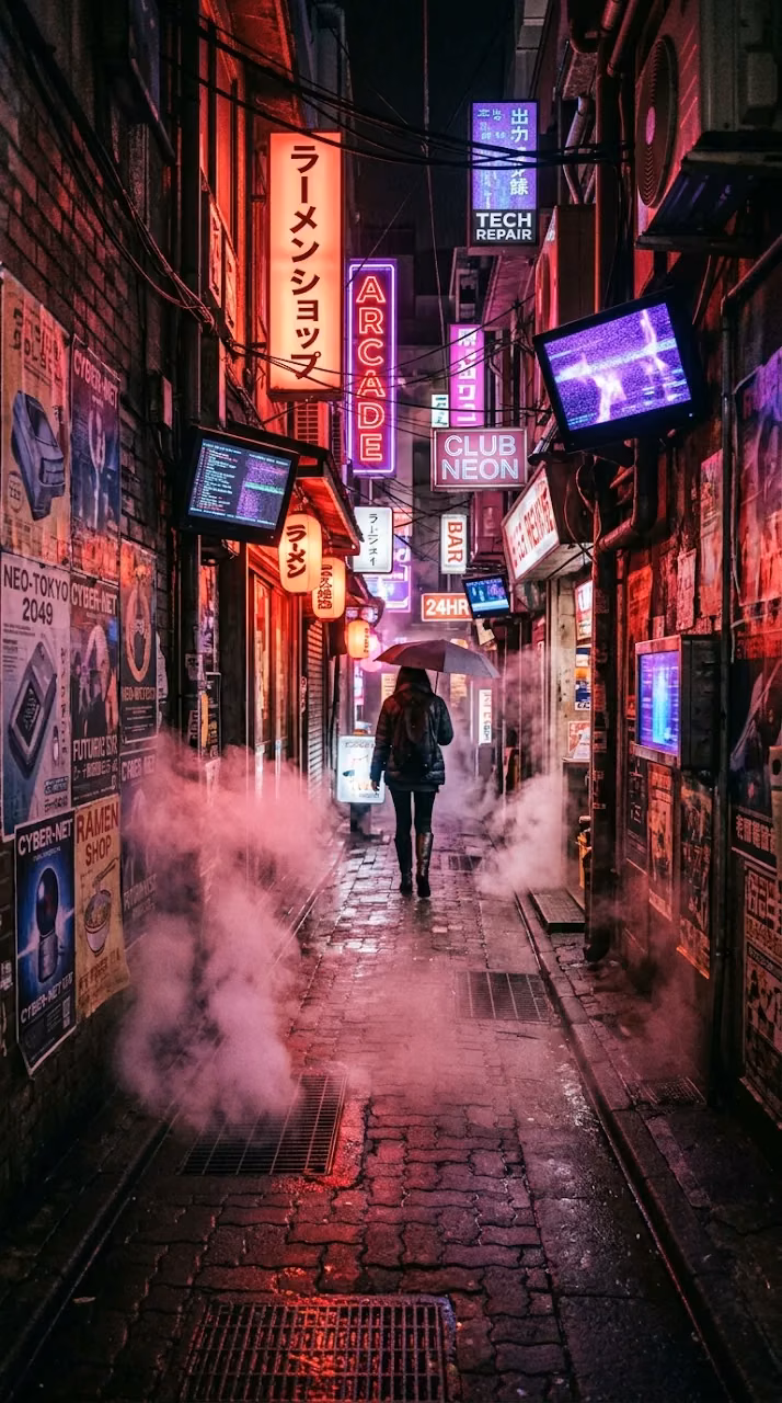Night View of Retro-Futuristic City Alley with Neon Signs and Steam - Free Mobile AMOLED Wallpaper Background