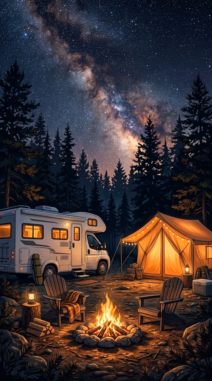 Nighttime Campsite with RV, Tent, and Campfire under a Starry Sky - Free Mobile AMOLED Wallpaper Background