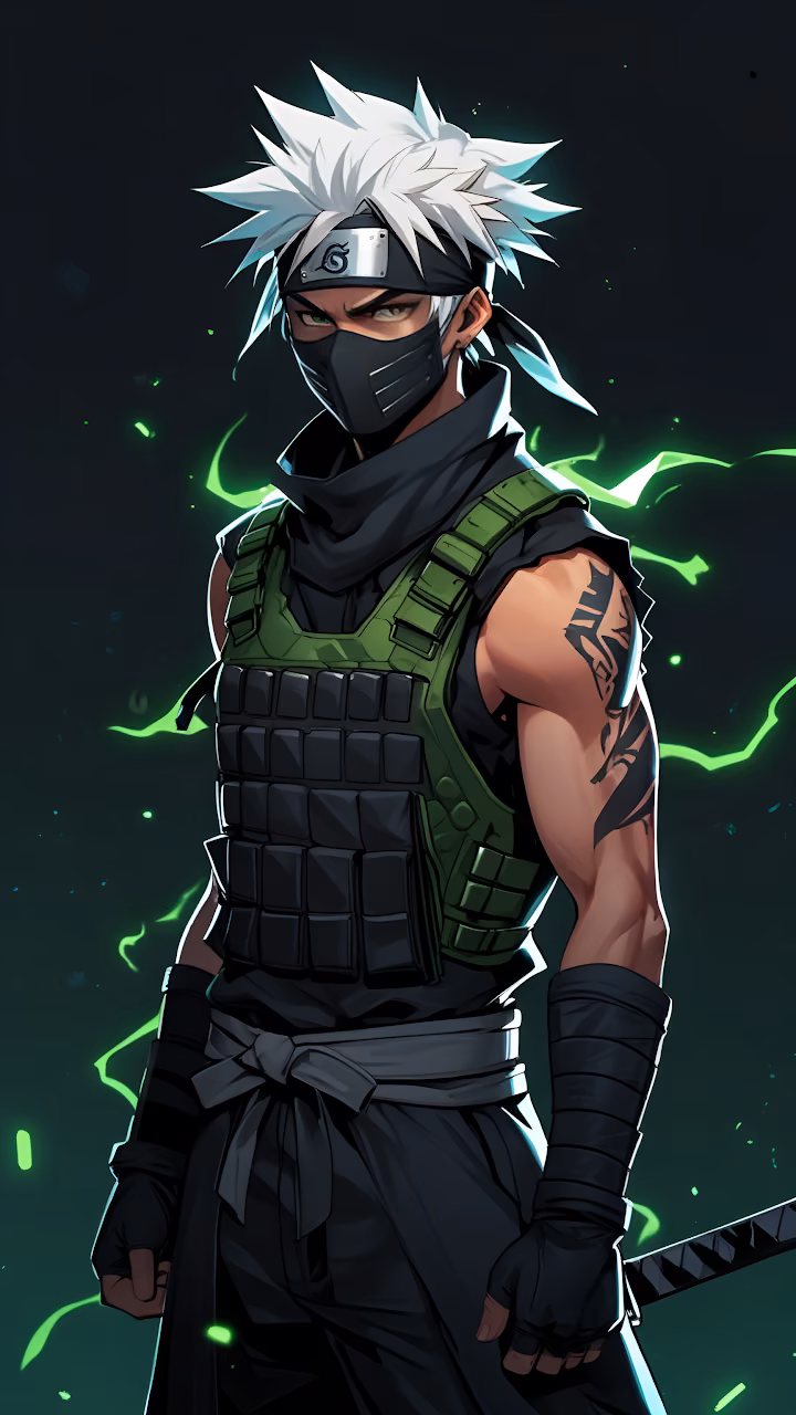 Ninja warrior with spiky white hair and green chakra aura - Free Mobile AMOLED Wallpaper Background