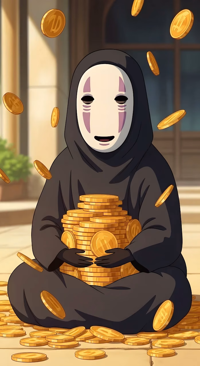 No Face Kaonashi Gold Coins Anime Illustration - Free Mobile AMOLED Wallpaper Background
