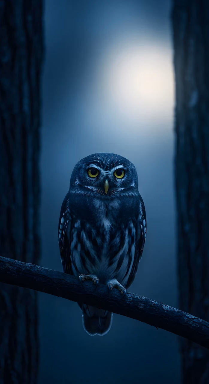 Nocturnal Pygmy Owl Staring in Dark Forest Moonlight - Free Mobile AMOLED Wallpaper Background