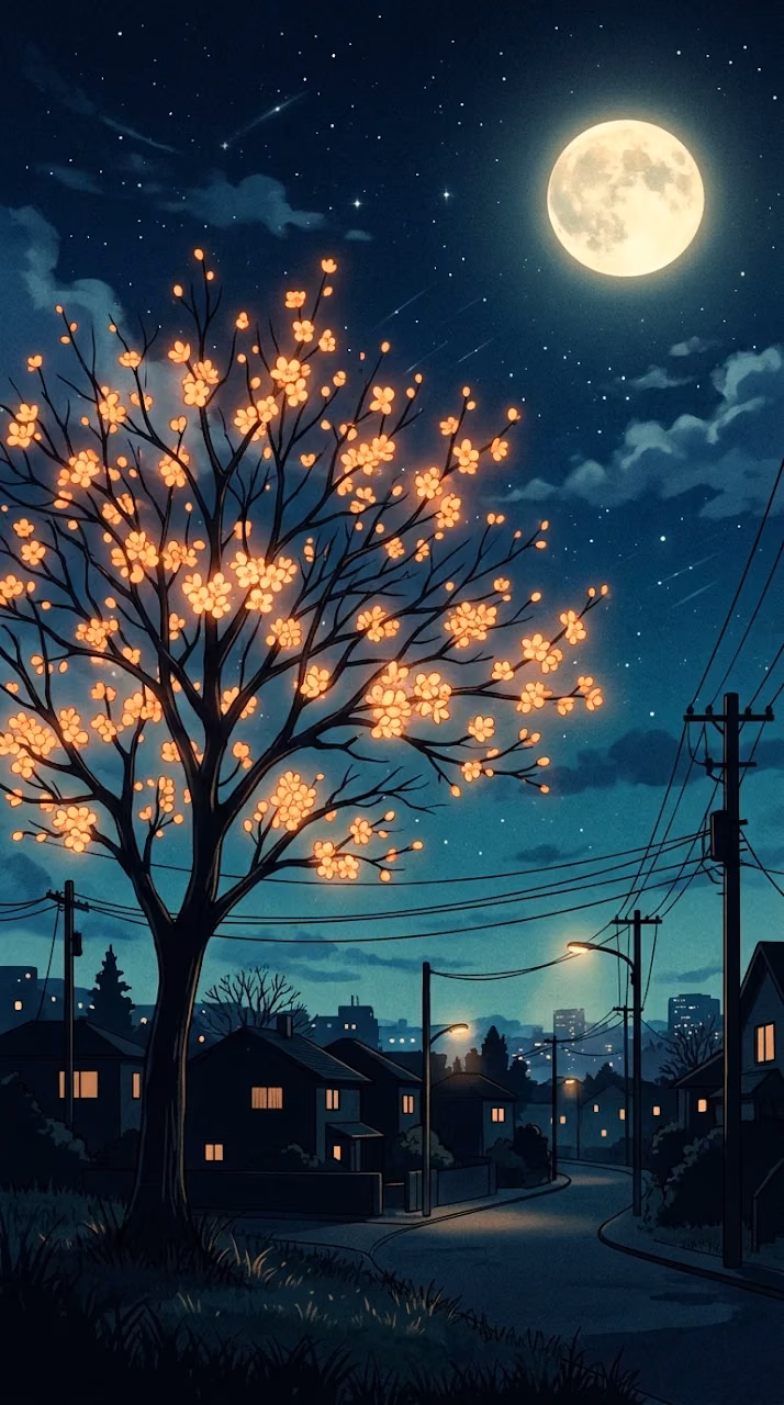 Nocturnal Tree with Orange Blossoms under Full Moon Illustration - Free Mobile AMOLED Wallpaper Background