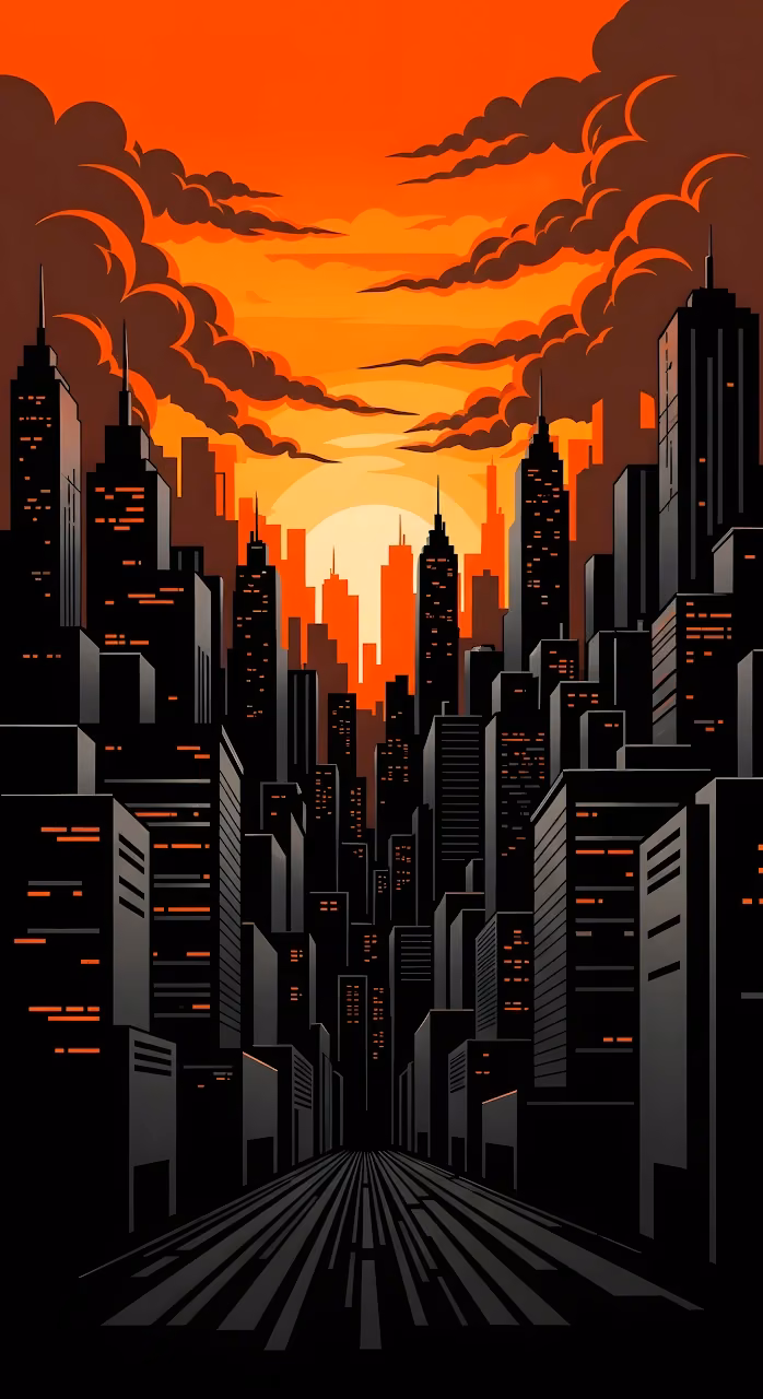 Download Noir Cityscape Sunset Dramatic Orange Sky Art Wallpaper in Mobile HD Noir Cityscape Sunset Dramatic Orange Sky Art - Free Mobile AMOLED Wallpaper Background