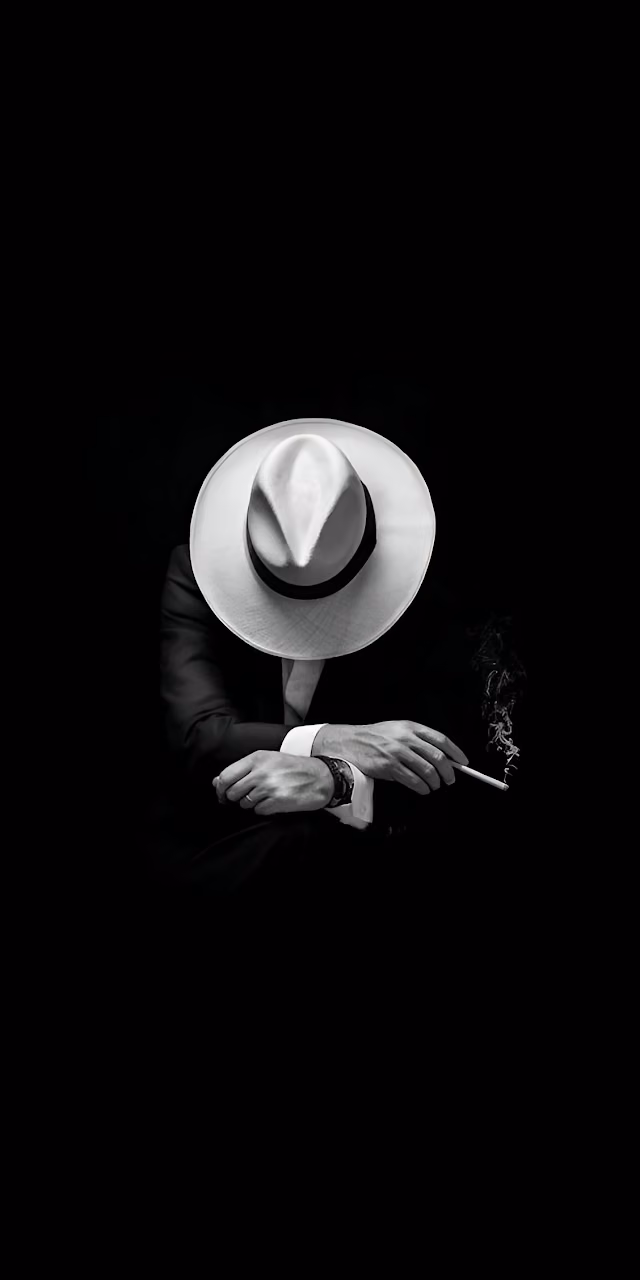Noir Man Smoking White Fedora Black and White Portrait - Free Mobile AMOLED Wallpaper Background